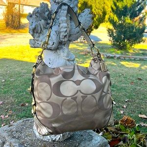 EUC Coach Optic Signature Carly Hobo Metallic Gold Shoulder Bag F0826
